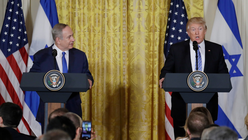 President Trump and Israeli Prime Minister Benjamin Netanyahu participate in a joint news conference in the East Room of the White House on Wednesday. (Evan Vucci/AP)