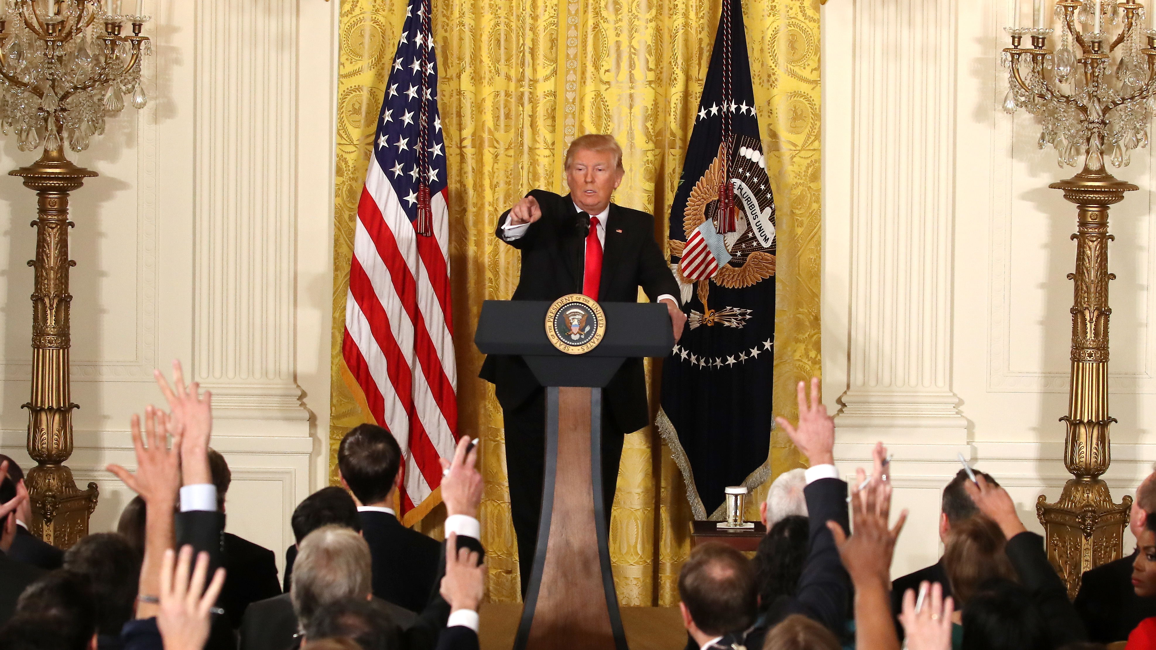 President Trump addressed a variety of topics Thursday during a news conference announcing Alexander Acosta as the new labor secretary nominee in the East Room at the White House in Washington, D.C. (Getty Images)