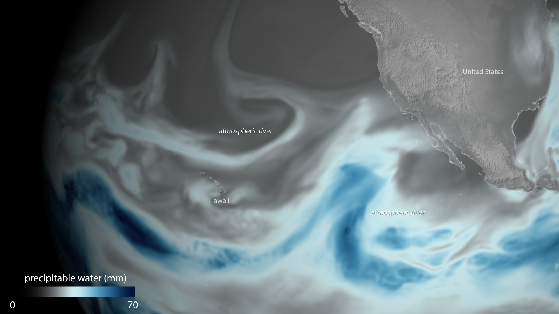 Atmospheric rivers are sinews of moisture from the tropics. The one pictured here appeared over the Northern Pacific on Jan. 3. (NOAA)