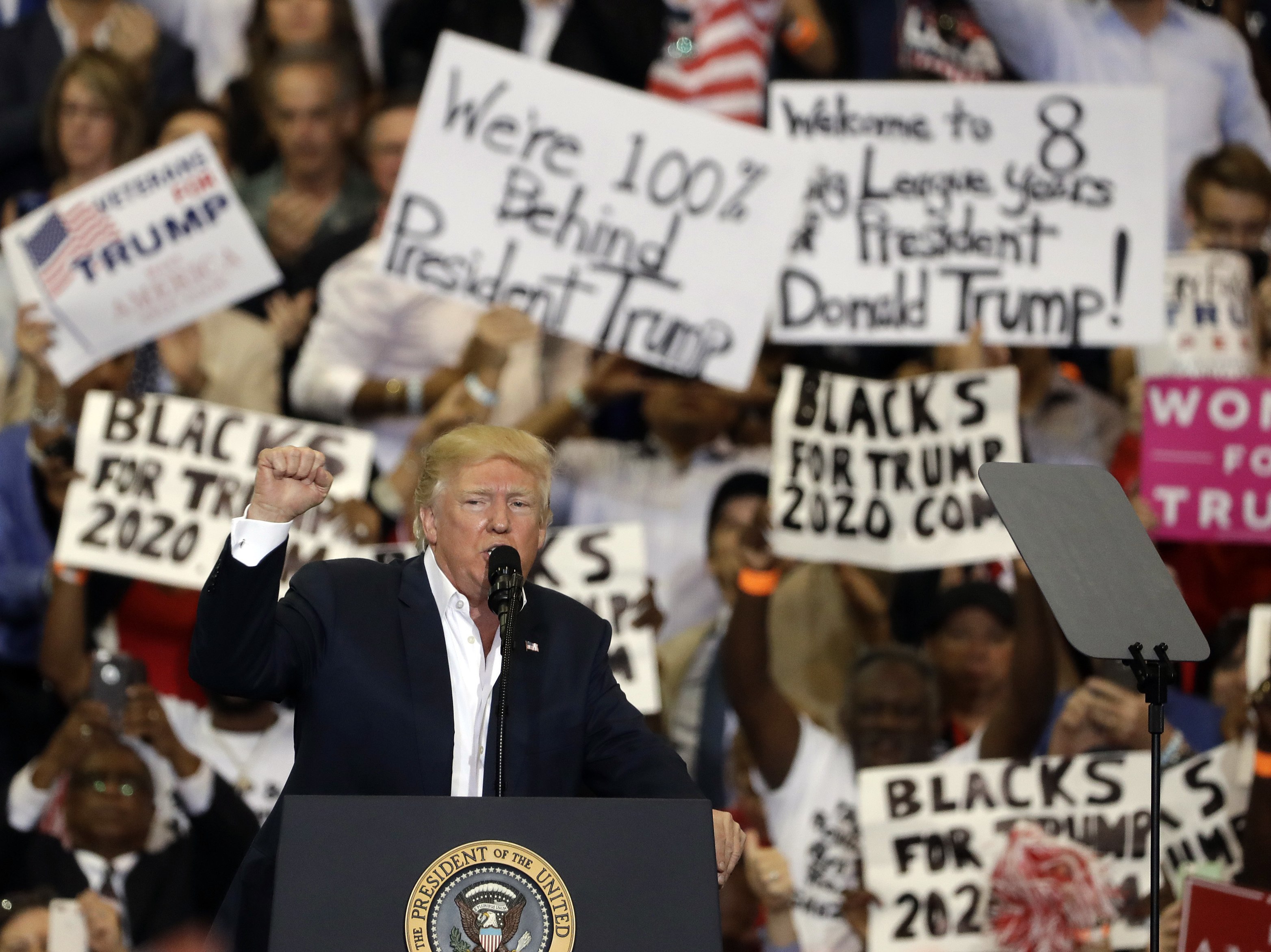 President Trump pumps his fist to supporters at the conclusion of a campaign rally Saturday in Melbourne, Fla. (AP)