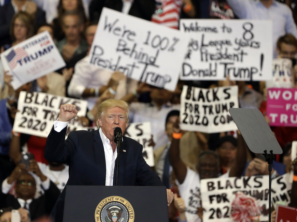 President Trump pumps his fist to supporters at the conclusion of a campaign rally Saturday in Melbourne, Fla. (Chris O'Meara/AP)
