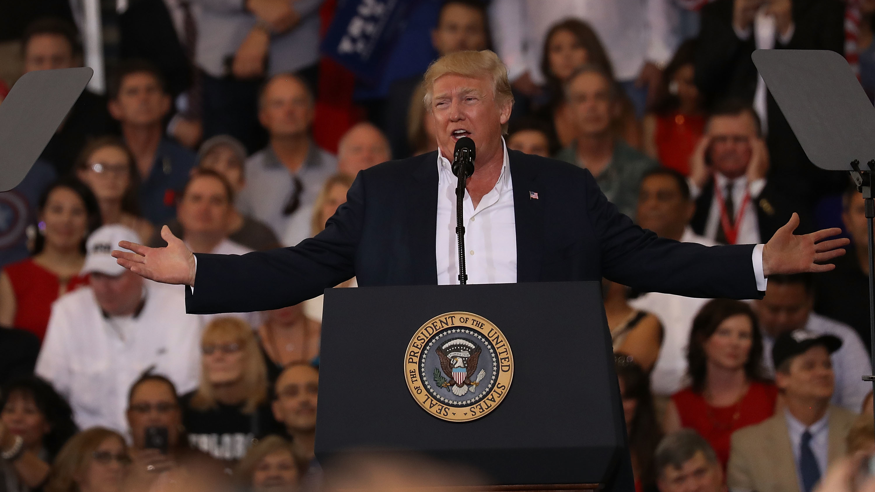 President Trump speaks during his campaign-style rally at Orlando Melbourne International Airport in Florida on Saturday. (Getty Images)