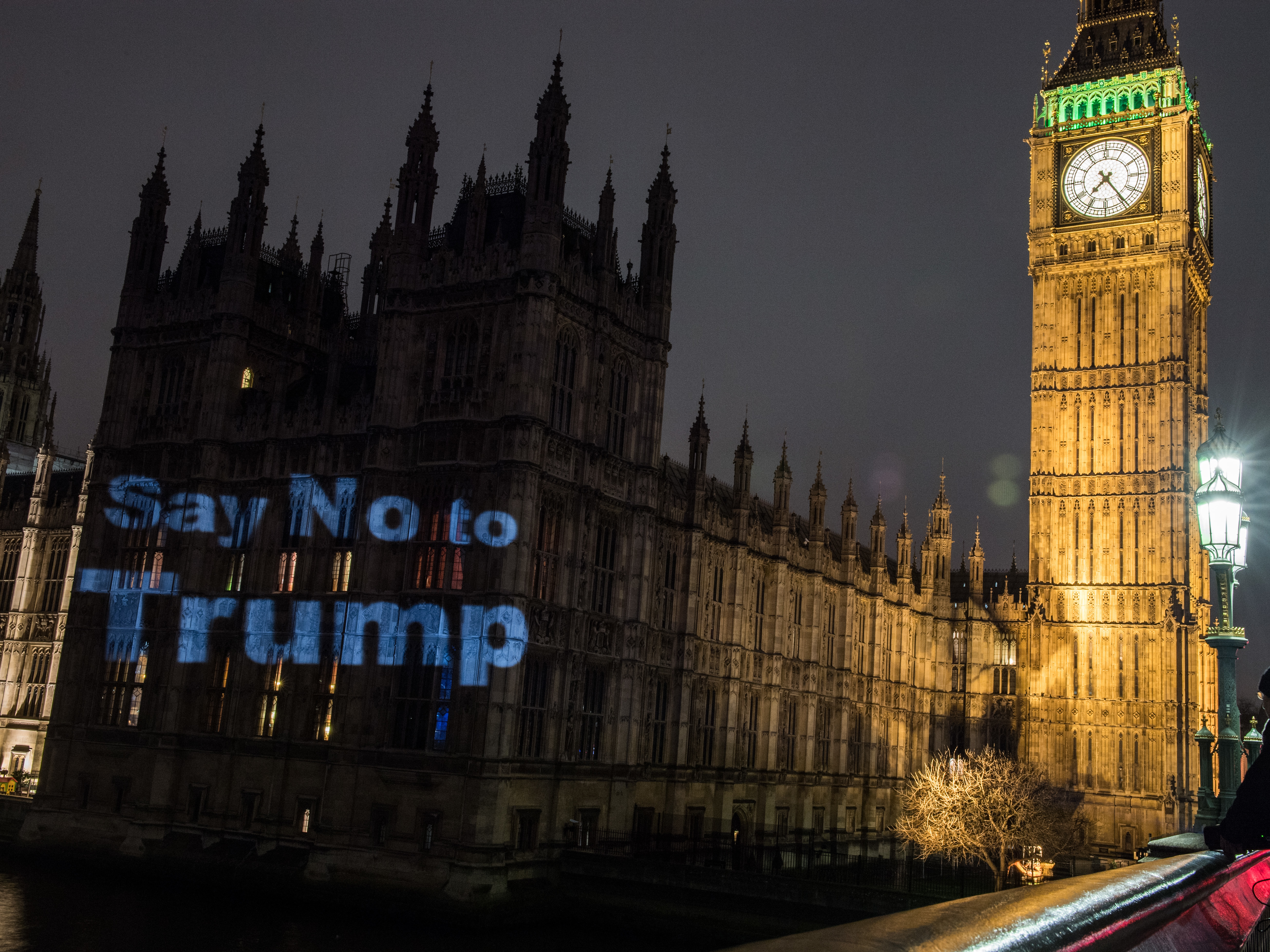 A message of &quot;Say no to Trump&quot; is projected on Britain's Houses of Parliament the evening before a Monday parliamentary debate took place on Donald Trump's state visit. Nearly 2 million people signed a petition in support of scrapping or downgrading the invitation. (Getty Images)