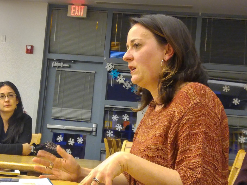 Kate Noble speaks to voters at a listening session at Gonzales Community School in Santa Fe, N.M. She ran for a seat on the Santa Fe Public Schools Board. (Megan Kamerick/KUNM)