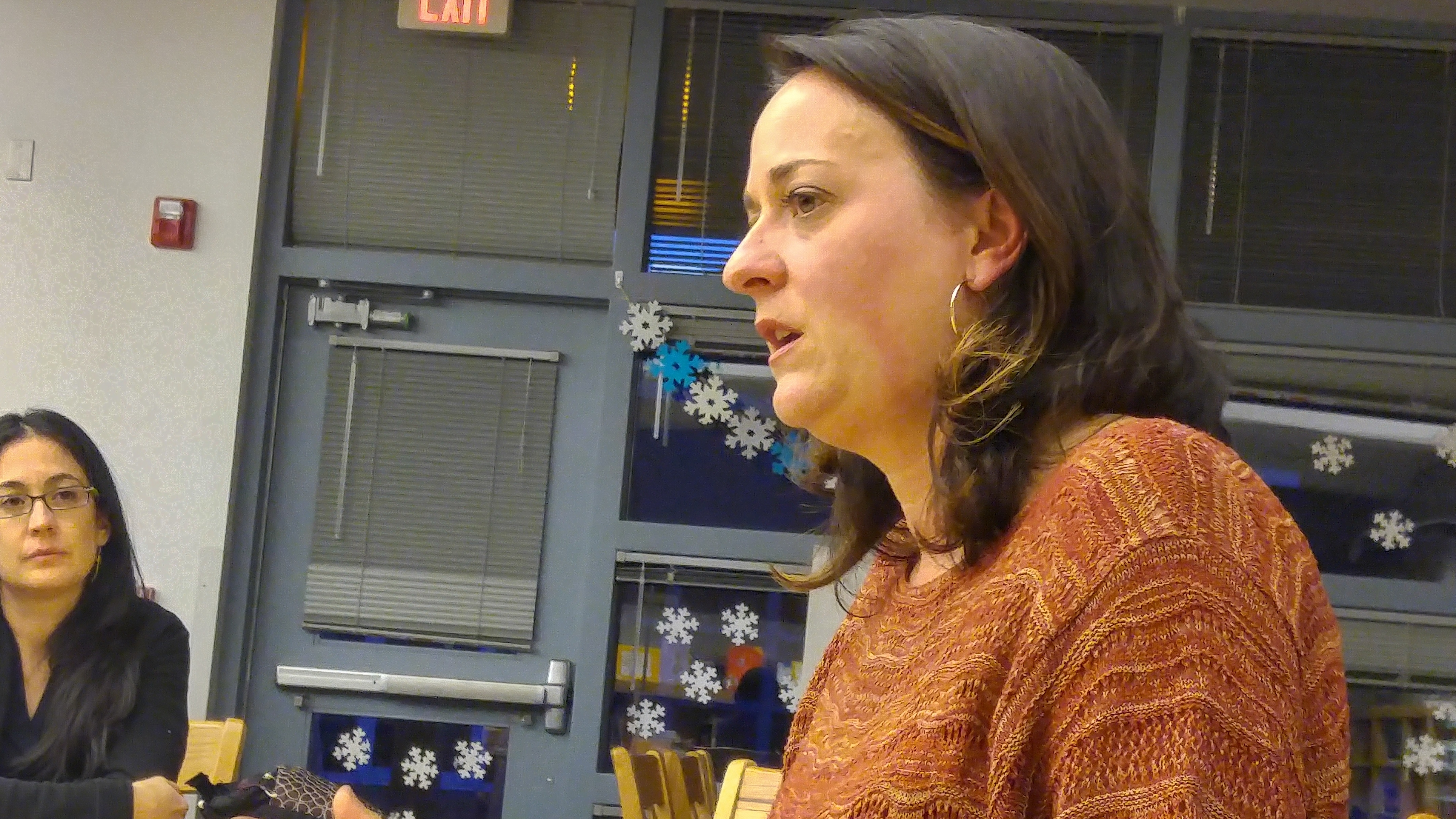 Kate Noble speaks to voters at a listening session at Gonzales Community School in Santa Fe, N.M. She ran for a seat on the Santa Fe Public Schools Board.