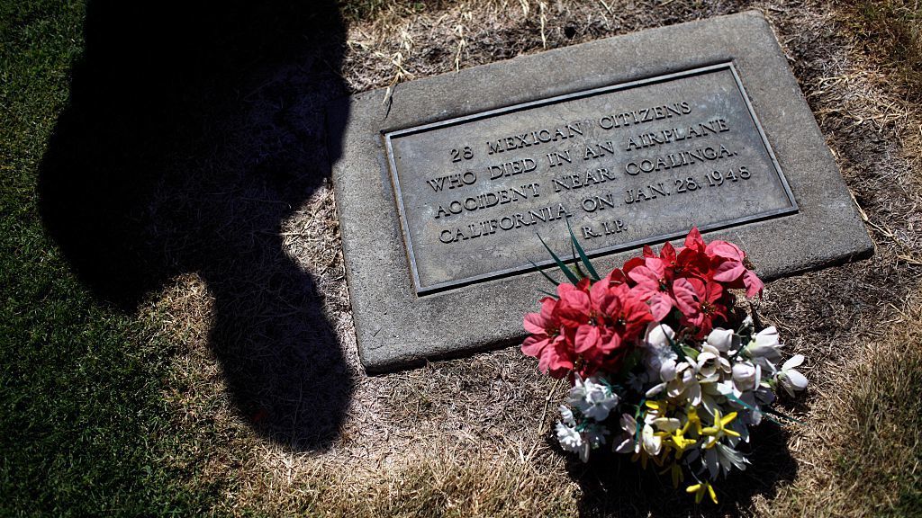 On Jan. 28, 1948, a plane chartered by U.S. Immigration Services crashed in Los Gatos Canyon. All 32 people aboard were killed, including 28 Mexican nationals, who were buried anonymously. (LA Times via Getty Images)