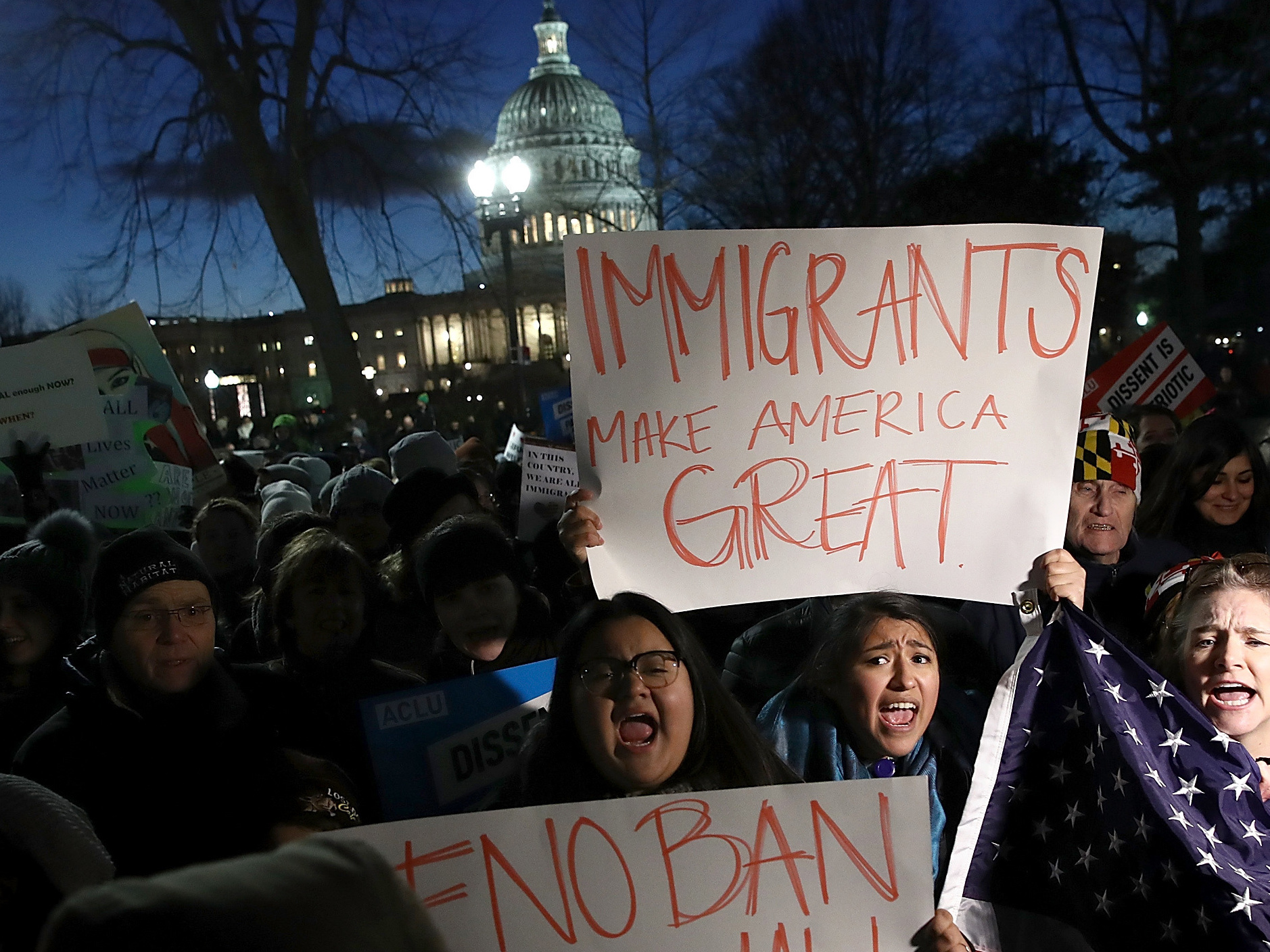 Protesters demonstrate as Senate Minority Leader Chuck Schumer and House Minority Leader Nancy Pelosi lead members of Congress during a protest on the steps of the U.S. Supreme Court on Monday. (Getty Images)