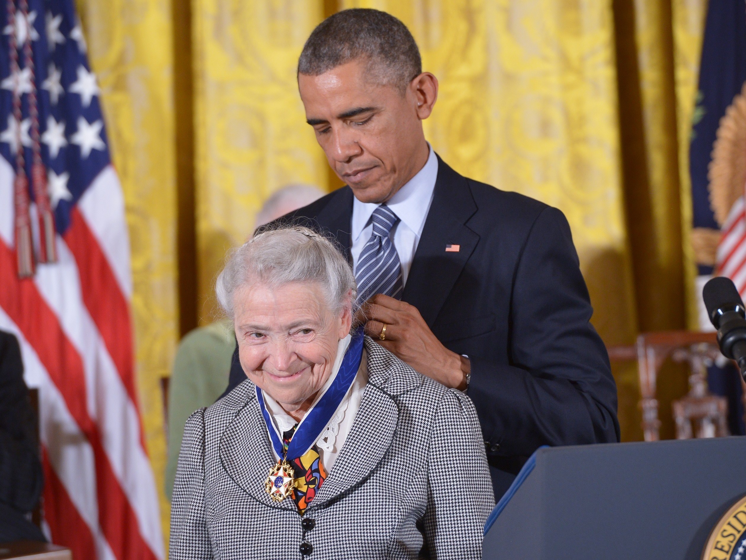 President Barack Obama presents the Presidential Medal of Freedom, the highest civilian honor in the U.S., to Mildred Dresselhaus at the White House in 2014. (Mandel Ngan/AFP/Getty Images)