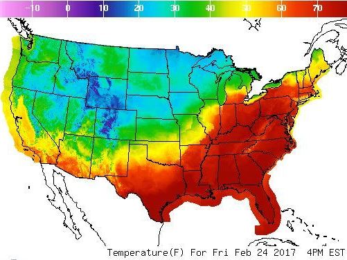 The Eastern U.S. is experiencing warm temperatures Friday — but a powerful storm and cooler weather are forecast to cross into the region, as seen in this image from the National Weather Service. (National Weather Service)