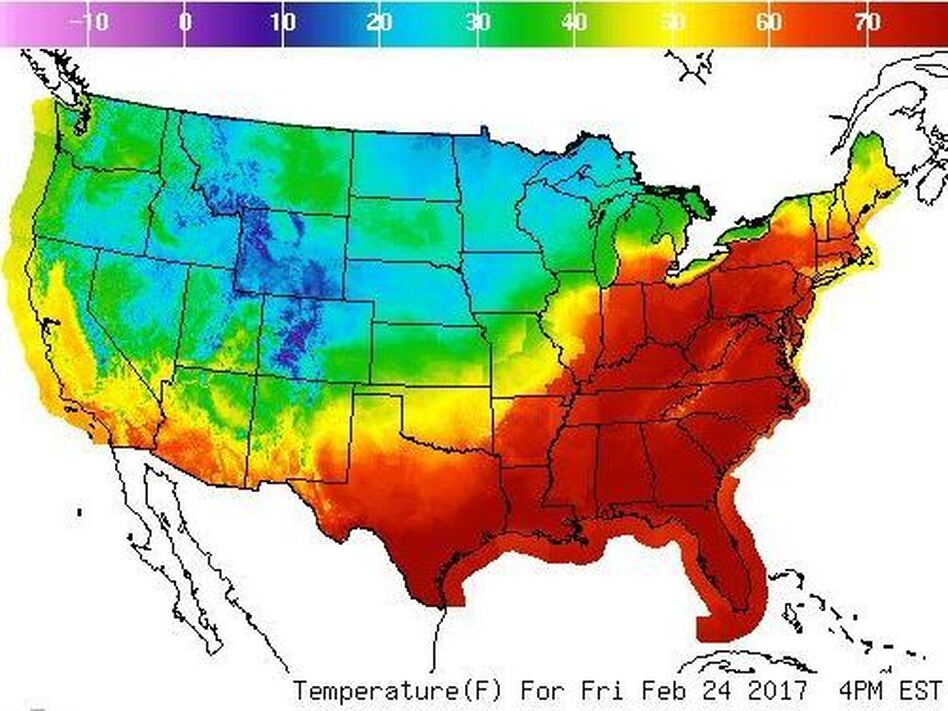 The Eastern U.S. is experiencing warm temperatures Friday — but a powerful storm and cooler weather are forecast to cross into the region, as seen in this image from the National Weather Service. (National Weather Service)