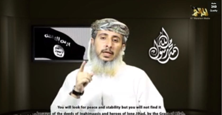 In a 2015 YouTube video released by al-Qaida in the Arabian Peninsula, commander Nasr al-Ansi claims responsibility for the attack on the French satirical magazine <em>Charlie Hebdo</em>. The U.S. military has stepped up attacks on the group in the past month. (Daily Motion)