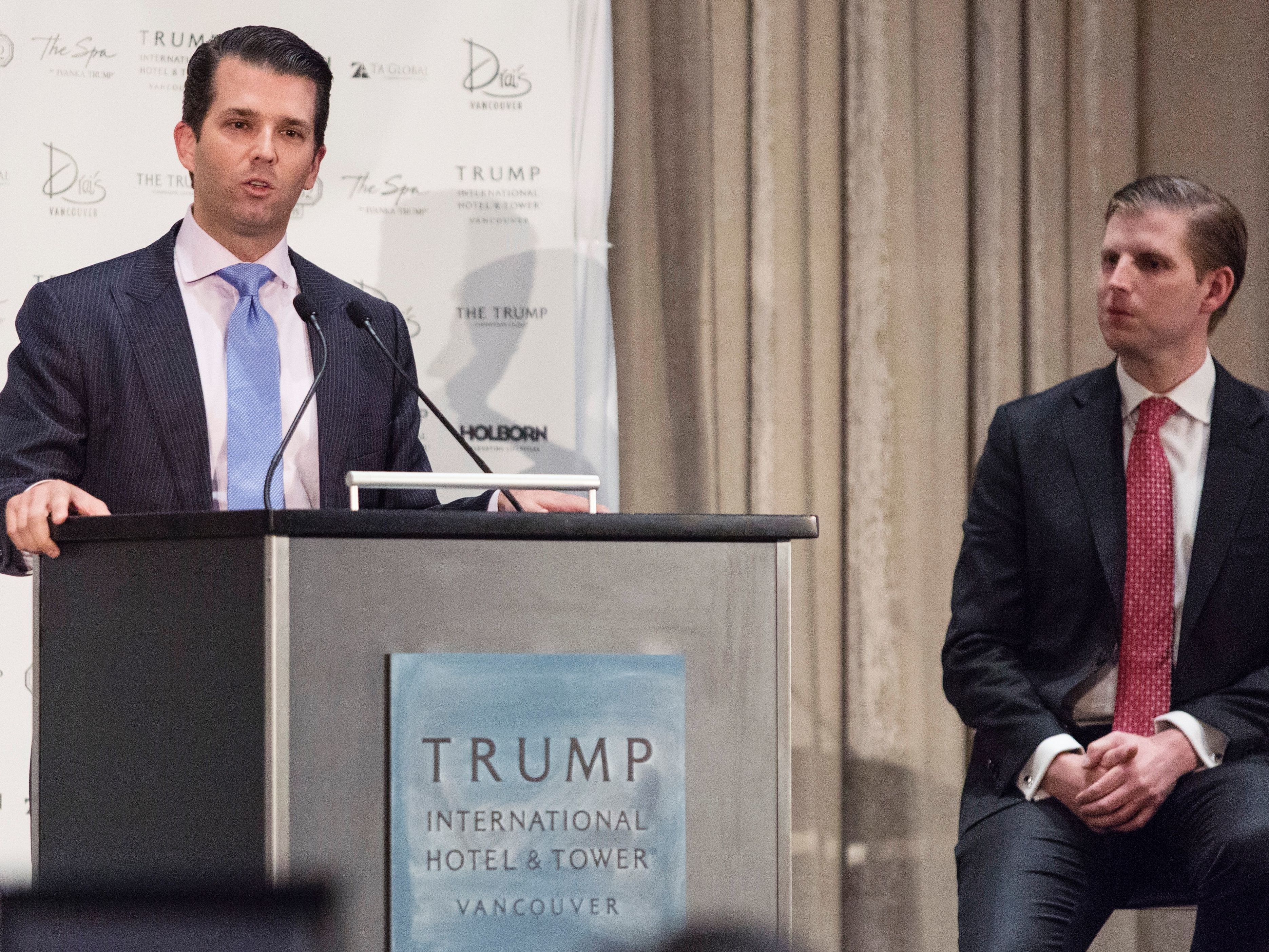 Donald Trump Jr. (left) and Eric Trump attend the inauguration ceremony for the Trump International Hotel and Tower in Vancouver, Canada, on Feb. 28. (AFP/Getty Images)