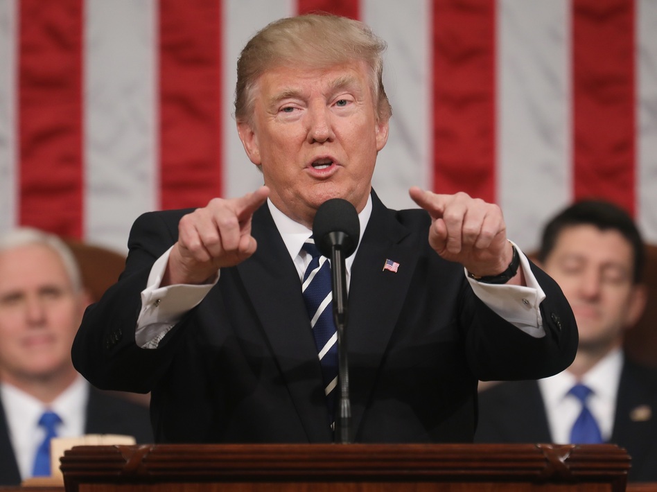 President Trump delivers his first address to a joint session of Congress on Feb. 28 in the House chamber of the Capitol in Washington, D.C. (Pool/Getty Images)