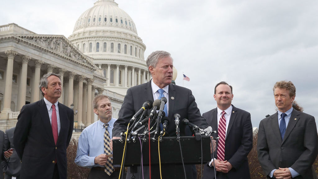 Rep. Mark Meadows, R-N.C., chairman of the House Freedom Caucus, speaks out Tuesday against the GOP leadership's plan to repeal and replace the Affordable Care Act, flanked by fellow Republican Reps. Mark Sanford of South Carolina (from left) and Jim Jordan of Ohio as well as Republican Sens. Mike Lee of Utah and Rand Paul of Kentucky. (Getty Images)