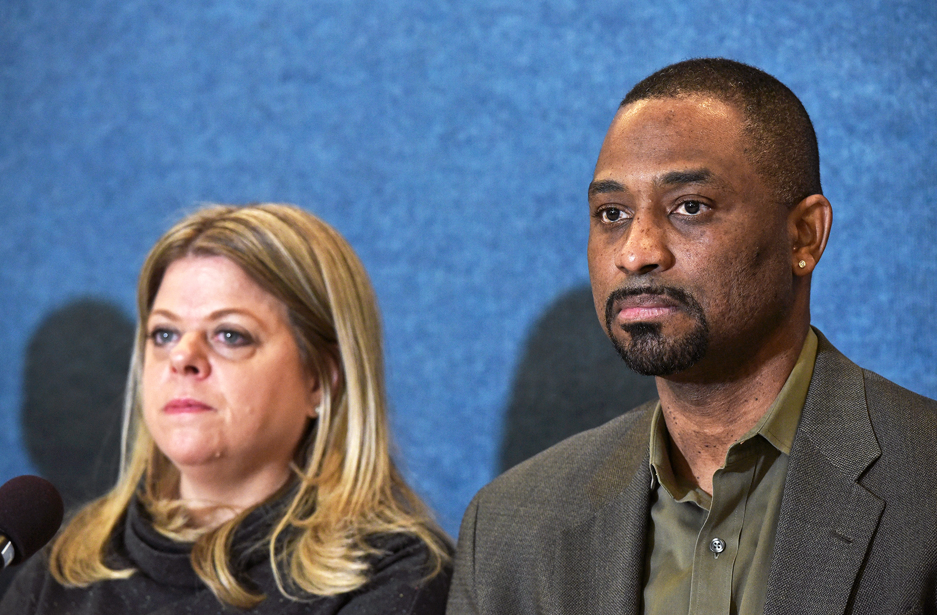 Diane Gross and Khalid Pitts, owners of the Cork Wine Bar, take part in a press conference announcing their unfair competition lawsuit against the Trump International Hotel in Washington, D.C., on Thursday. (Mandel Ngan/AFP/Getty Images)