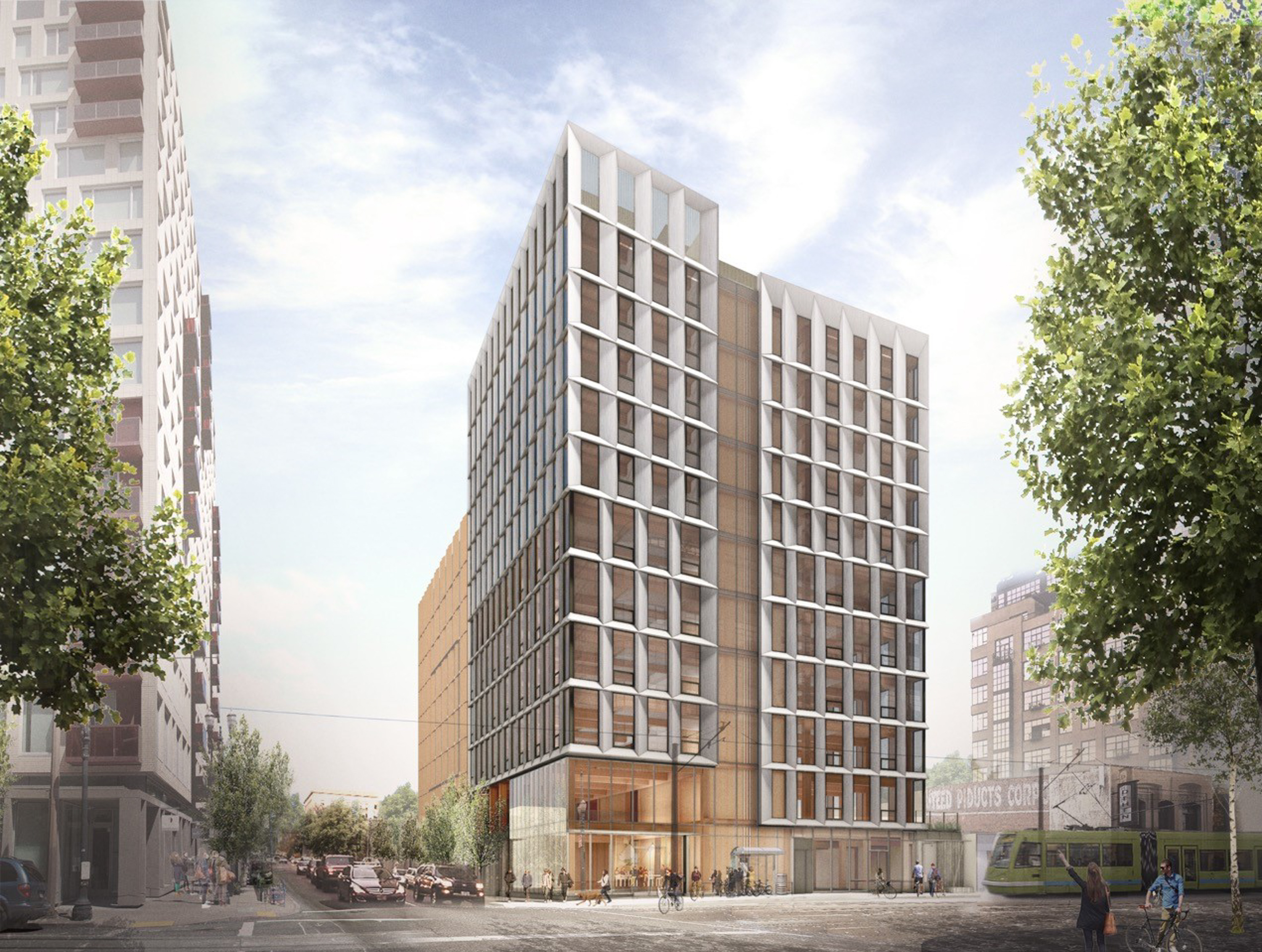 Lever Architecture's Framework exterior rendering, a 148-foot structure that, when completed, will be the tallest timber building in North America. (Courtesy of LEVER Architecture)