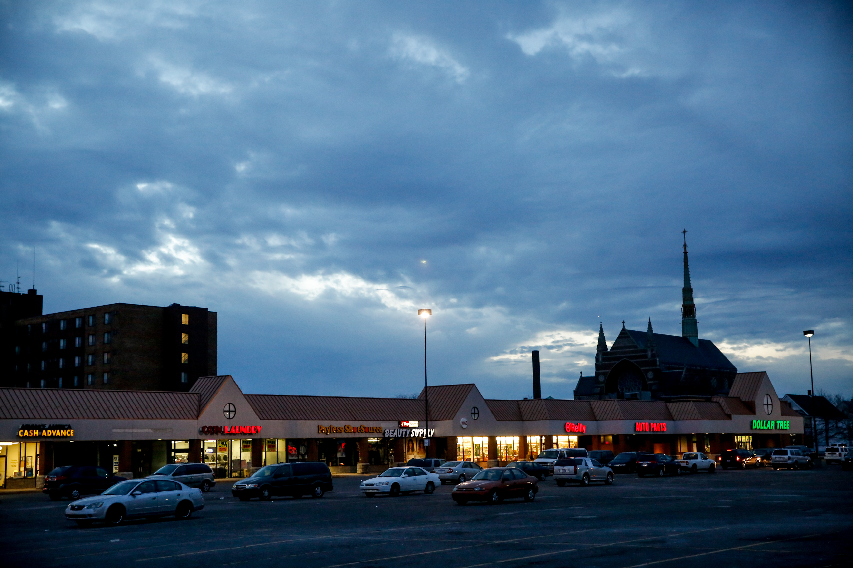 A view of a portion of Hamtramck, Mich., with St. Florian Church in the distance. (NPR)