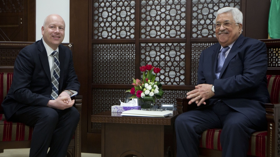 President Trump's peace envoy Jason Greenblatt (left) meets with Palestinian President Mahmoud Abbas in Ramallah in the West Bank on Tuesday. (Majdi Mohammed/AP)