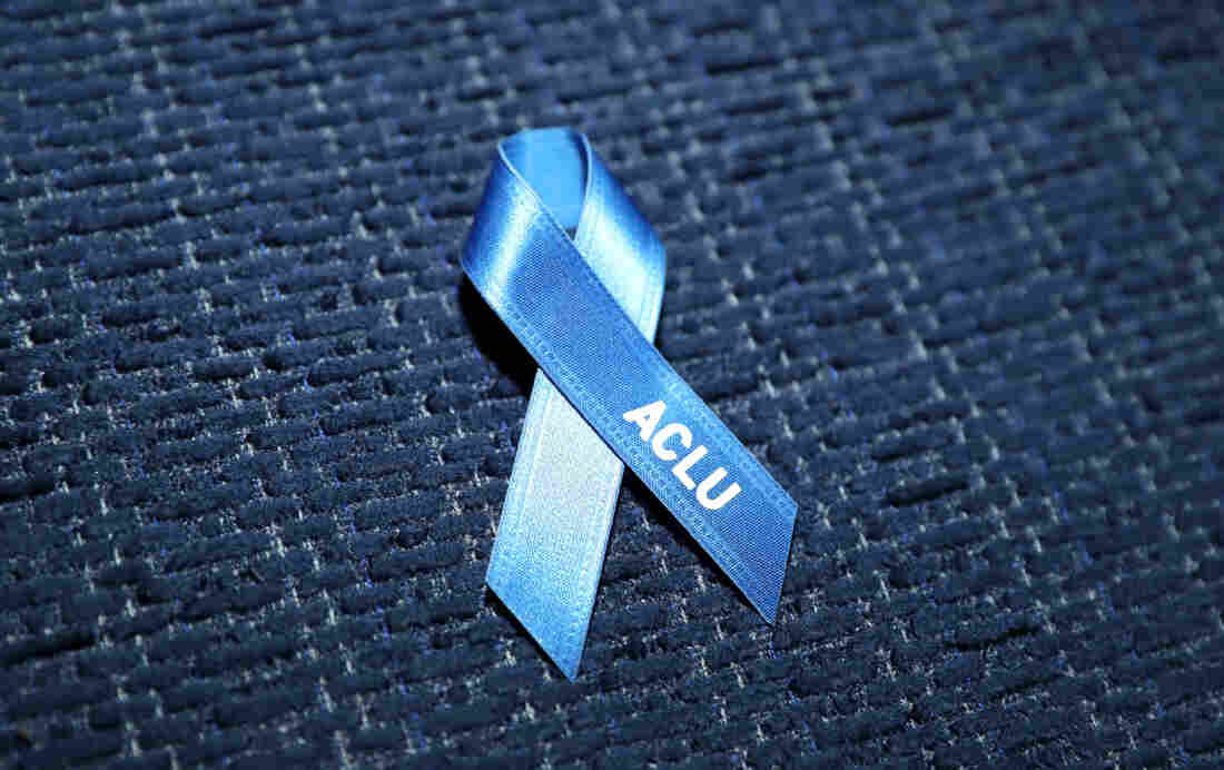 An ACLU pin is seen during a private dinner in Los Angeles in February.