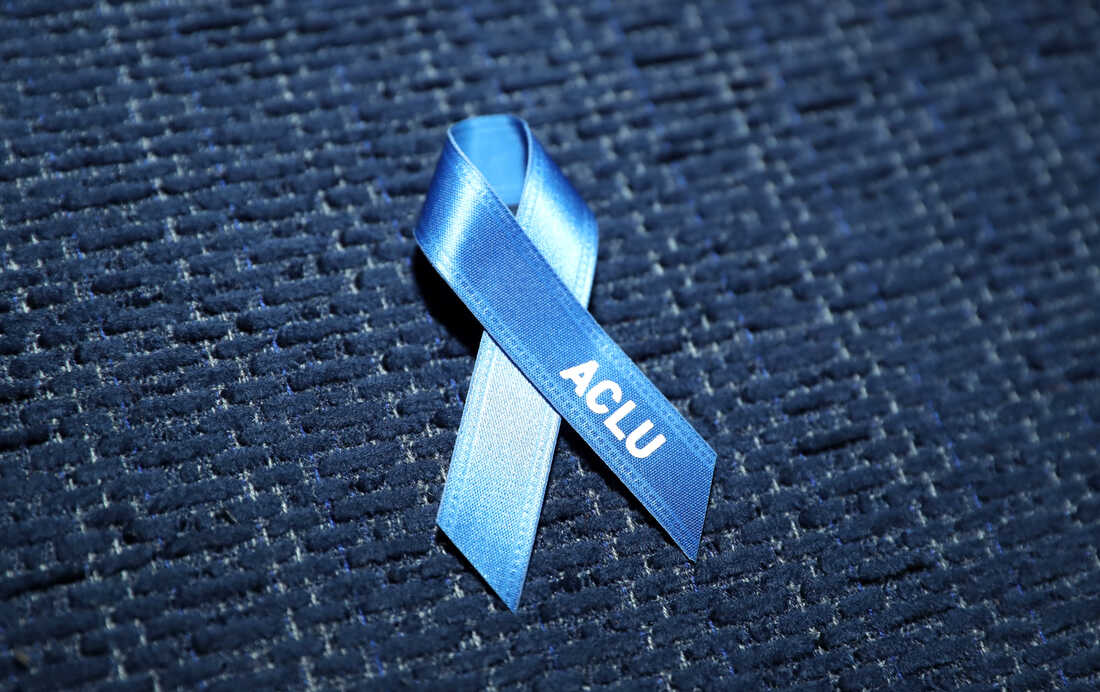 An ACLU pin is seen during a private dinner in Los Angeles in February.
