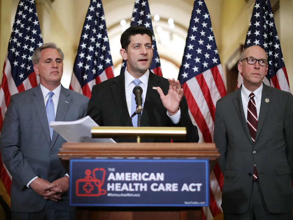 Speaker of the House Paul Ryan, R-Wis., takes questions from reporters about the American Health Care Act during a news conference with House Majority Leader Kevin McCarthy, R-Calif. (left), and House Energy and Commerce Committee Chairman Greg Walden, R-Ore., outside Ryan's office in the U.S. Capitol on March 7. (Chip Somodevilla/Getty Images)