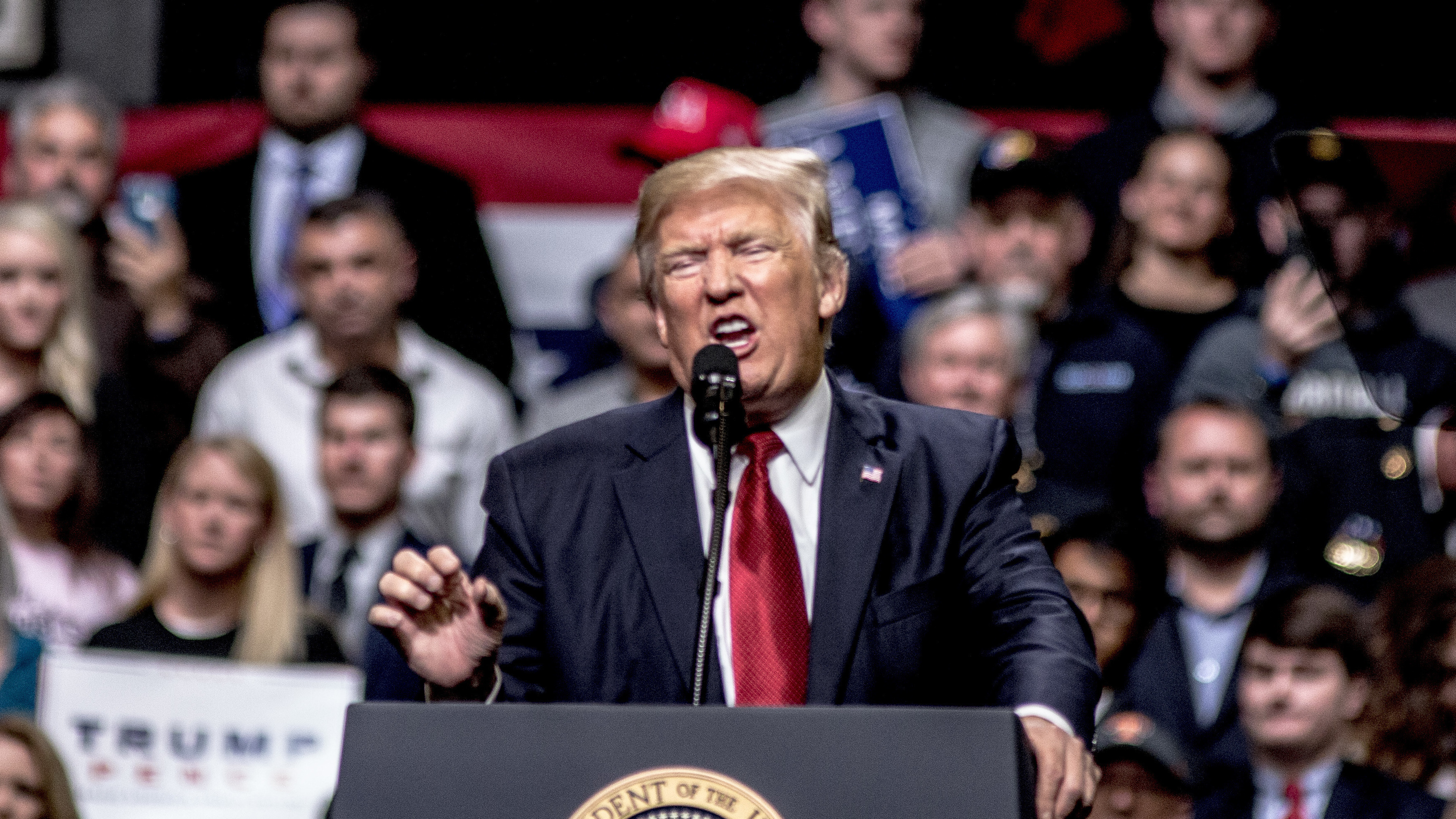 President Trump speaks at a rally in Nashville, Tenn., Wednesday. During the speech, he criticized a court that blocked his new travel executive order. And that, lawyers say, could be a problem for him. (Getty Images)