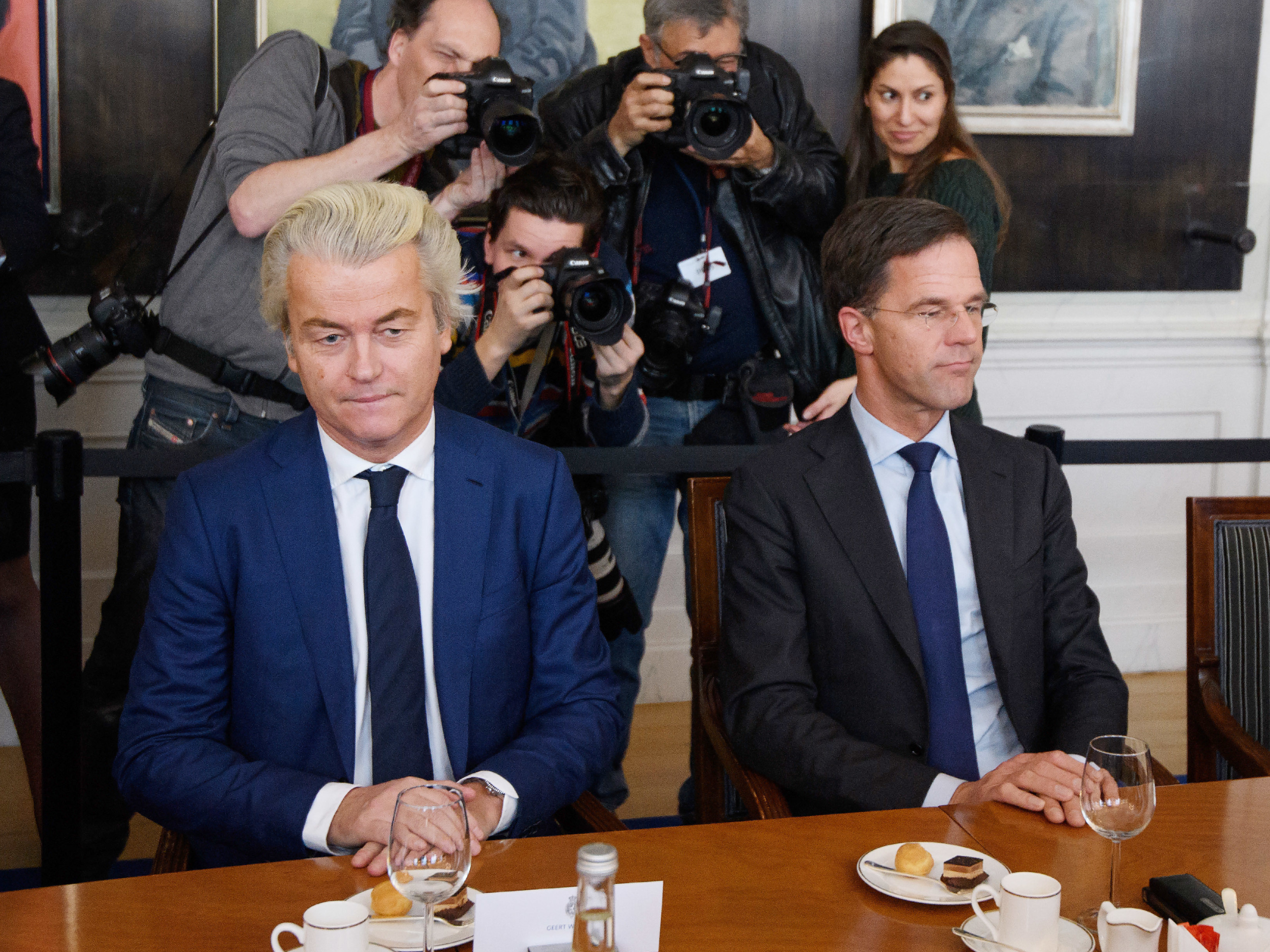 Dutch Prime Minister Mark Rutte (right) and Freedom Party leader Geert Wilders meet Thursday at the House of Representatives to discuss the formation of the cabinet in The Hague. Many Dutch parties have said they won't work with Wilders' Party of Freedom. (Getty Images)