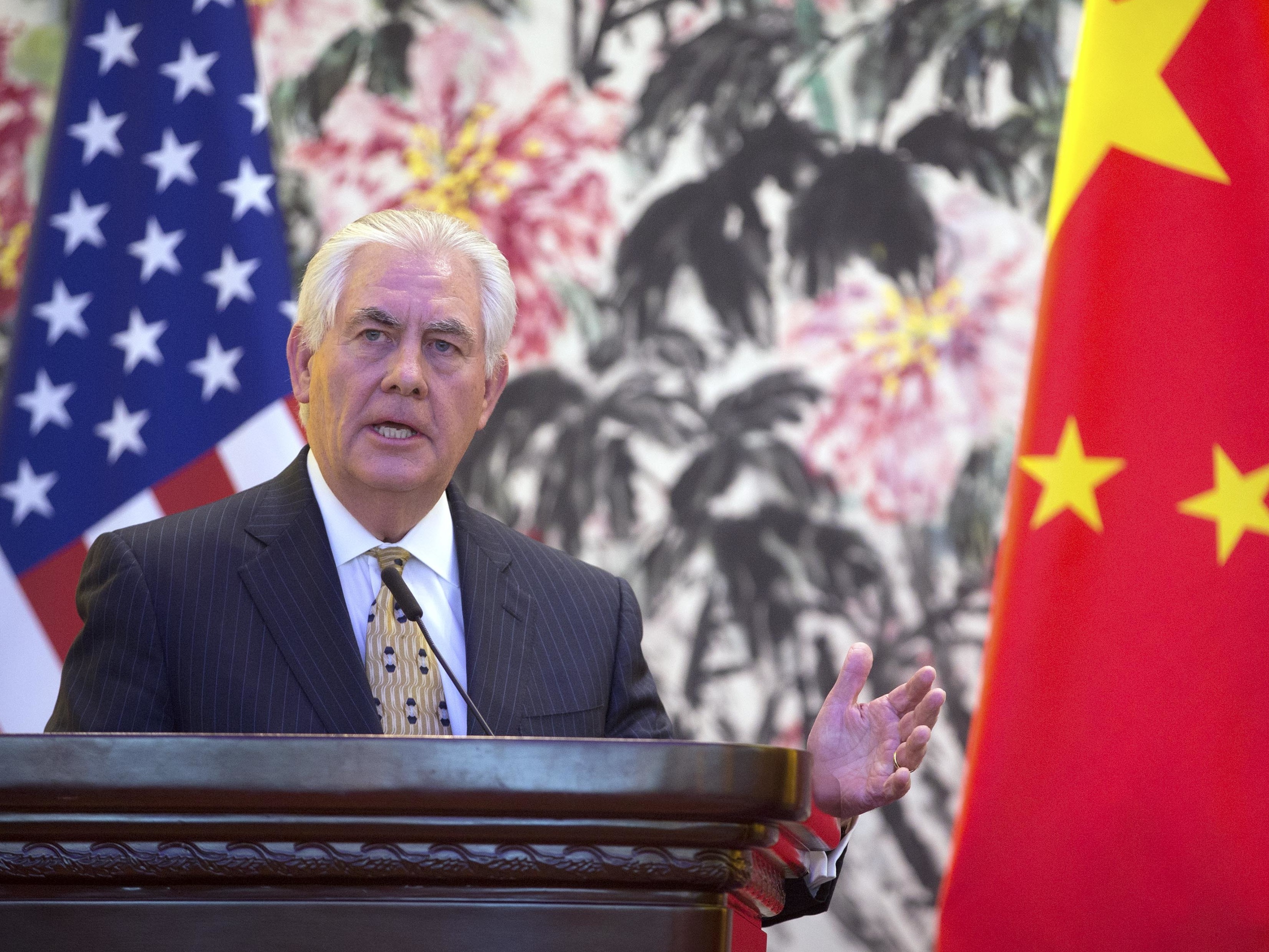 Secretary of State Rex Tillerson holds a joint press conference with Chinese Foreign Minister Wang Yi at Diaoyutai State Guesthouse on March 18, 2017 in Beijing, China.