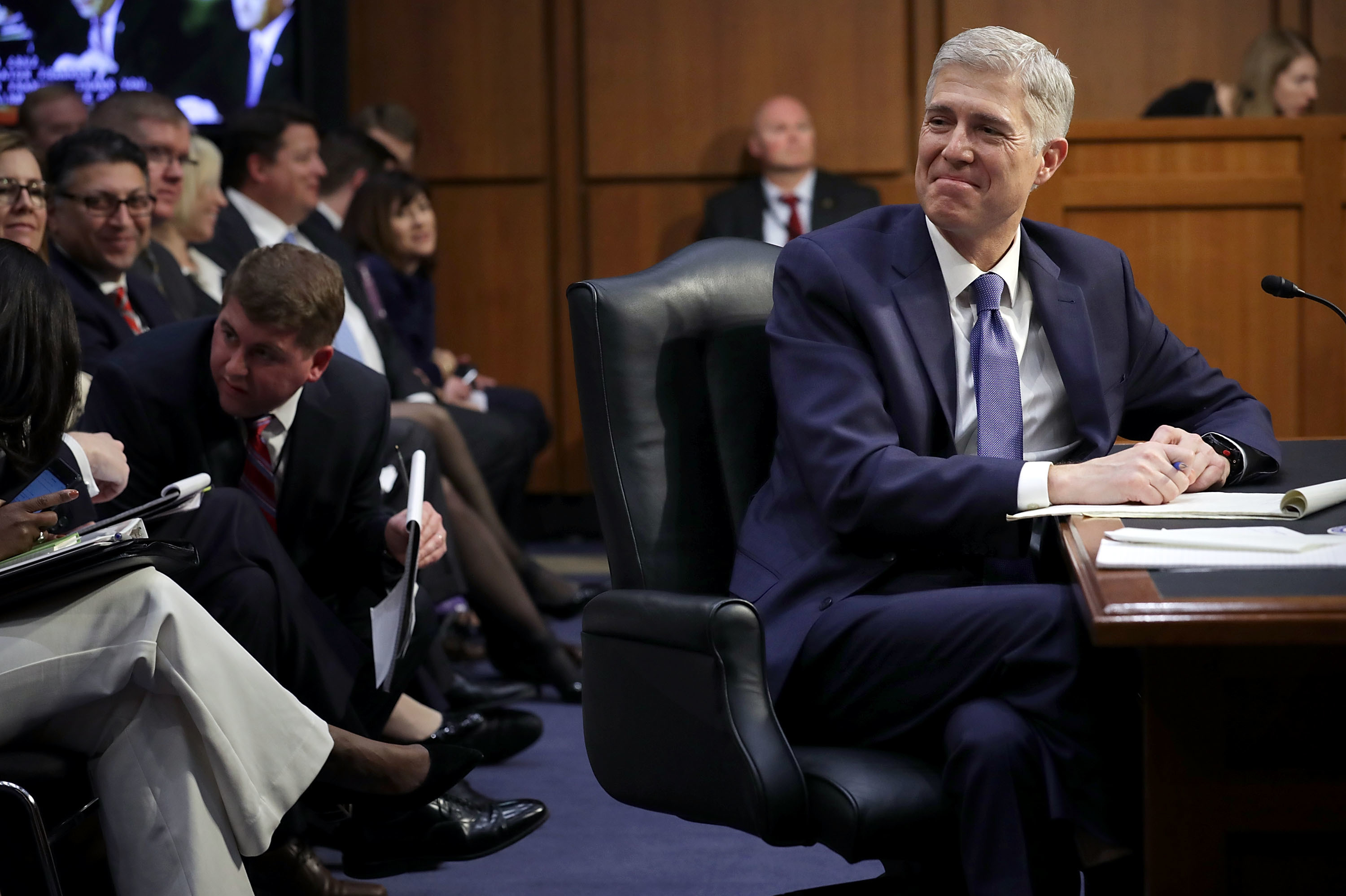Judge Neil Gorsuch listens to senators' opening statements during first day of his Supreme Court confirmation hearing before the Senate Judiciary Committee in the Hart Senate Office Building on Monday in Washington, DC. (Getty Images)
