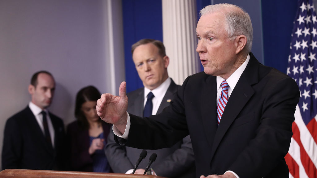Attorney General Jeff Sessions delivers remarks during the daily White House press briefing on Monday. (Getty Images)