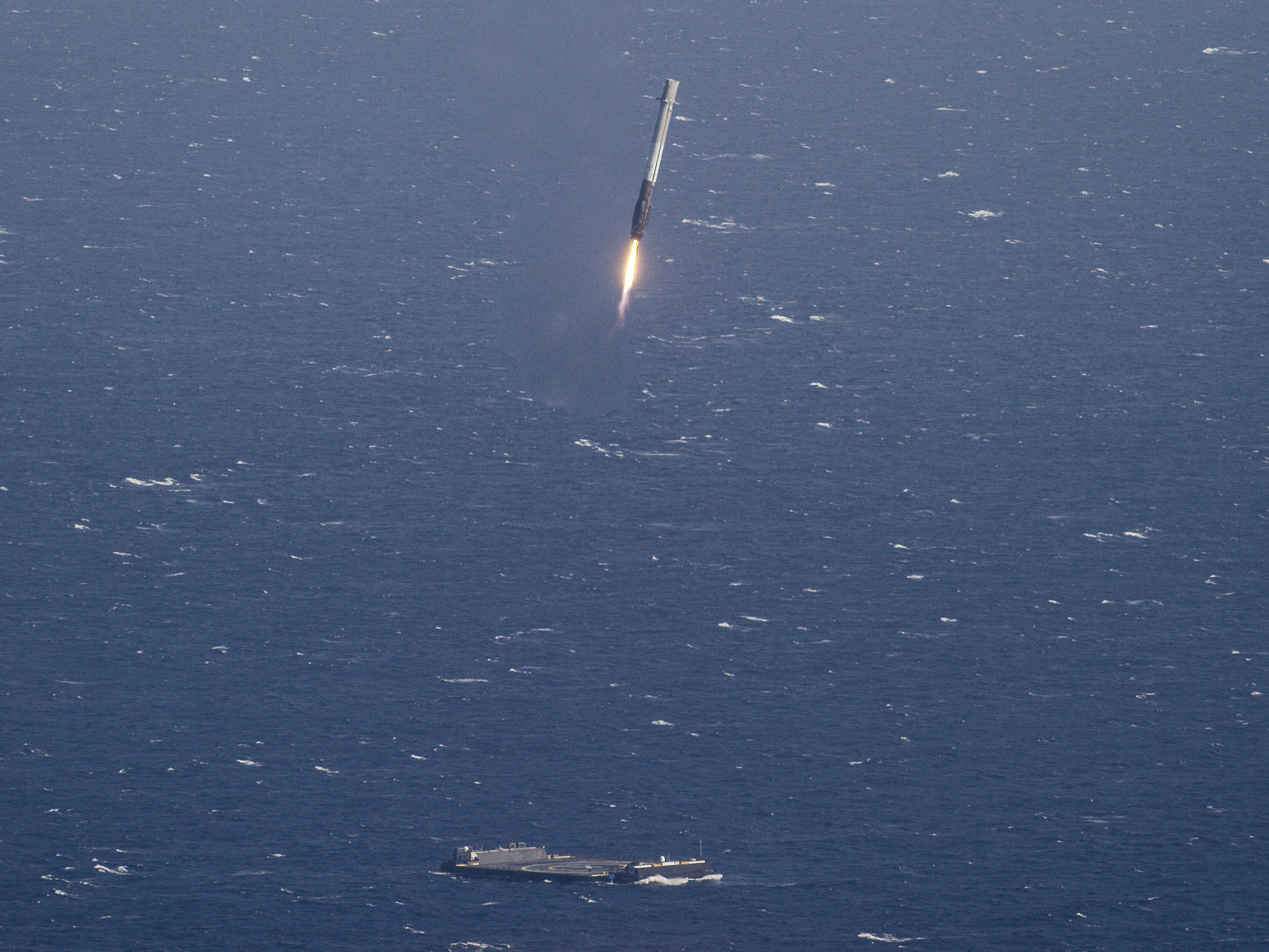 The first stage from last year's launch landed vertically on a barge at sea.