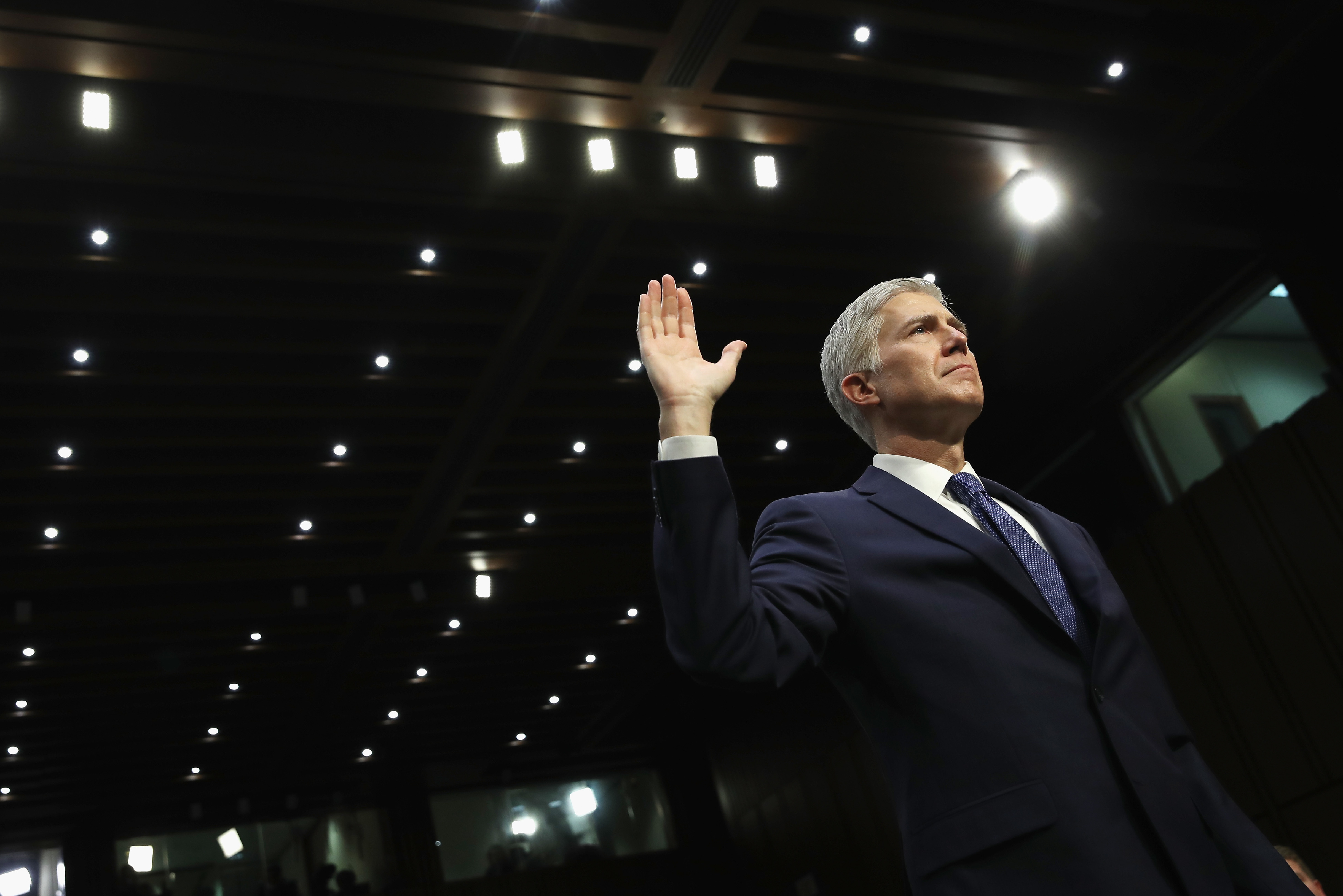 Judge Neil Gorsuch is sworn in on the first day of his Supreme Court confirmation hearing before the Senate Judiciary Committee on Capitol Hill on March 20, 2017. (Getty Images)