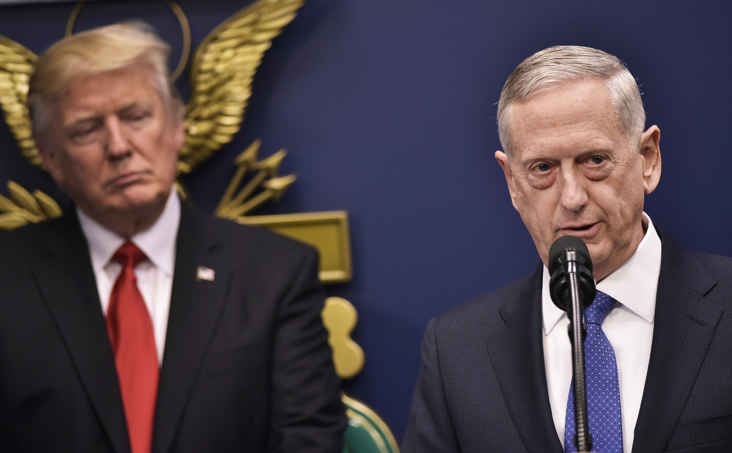 James Mattis speaks after his ceremonial swearing-in as secretary of defense on Jan. 17. In the Trump administration, Mattis and the Pentagon appear to have been given a freer hand. (AFP/Getty Images)