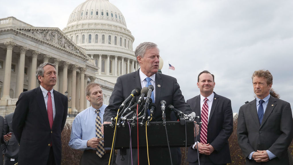 Freedom Caucus chairman Rep. Mark Meadows, R-N.C., talks about health care earlier this month and conservatives' opposition to the health care bill proposed by GOP leadership and the White House. (Getty Images)