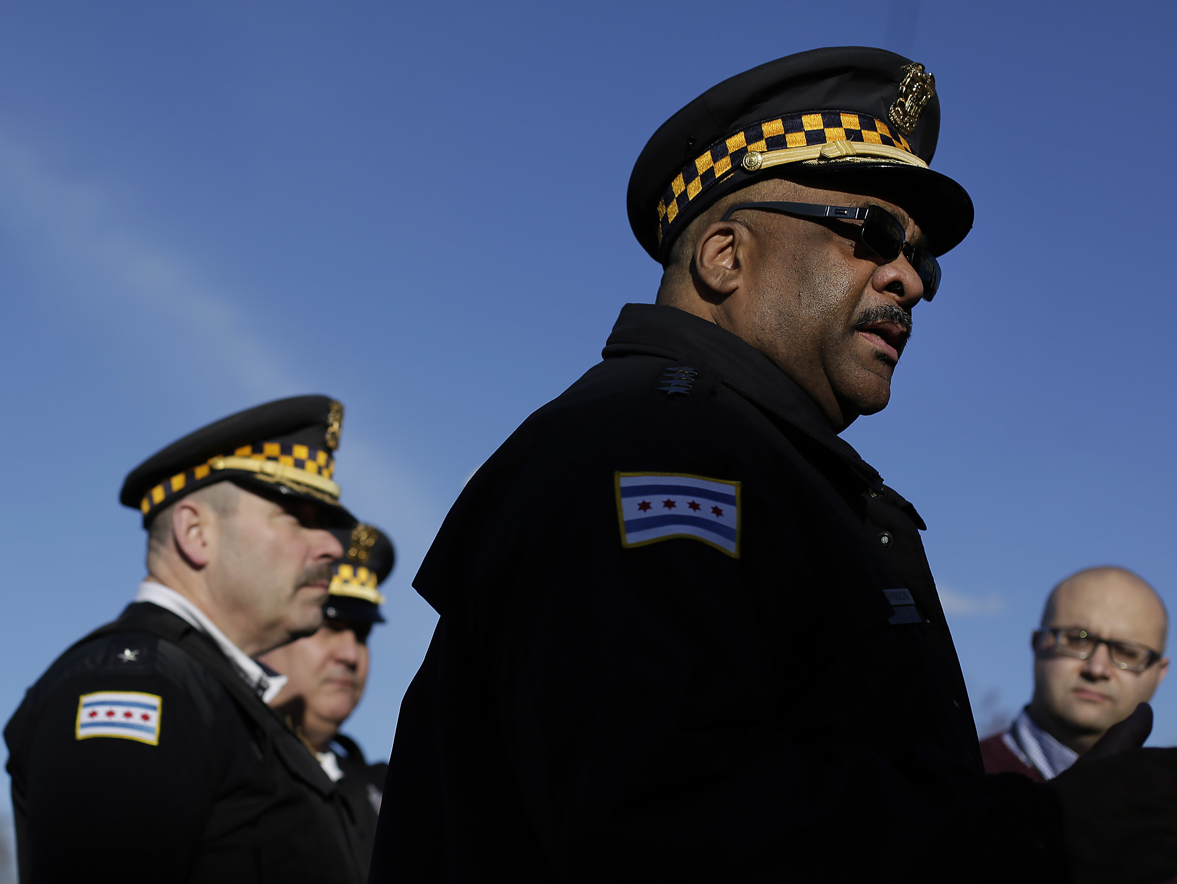 Chicago police announced on Sunday the arrest of a 14-year-old boy in connection with the sexual assault of a 15-year-old girl that was streamed live on Facebook. Above, Chicago Police Superintendent Eddie Johnson talks to reporters at the scene of a triple shooting in the North Lawndale neighborhood in February. (AFP/Getty Images)