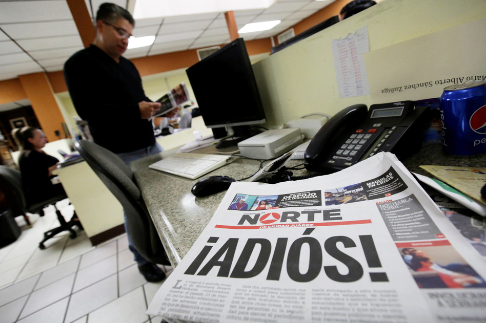 <em></em>The newspaper <em>Norte</em> announced its closure in bold letters, with a front-page letter from its owner explaining that the violence against journalists in Juarez and elsewhere in Mexico made the paper's continued existence untenable. (Jose Luis Gonzalez/Reuters)