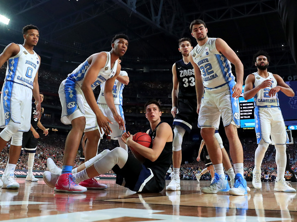 Forward Zach Collins the Gonzaga Bulldogs looks for a call from the referees first half during of the NCAA National Championship game. The freshman blocked three shots and got seven rebounds in the game, but also turned the ball over four times and fouled out with more than five minutes left to play.