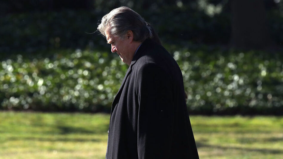 White House chief strategist Steve Bannon walks toward Marine One before departing from the White House in February. (Mark Wilson/Getty Images)