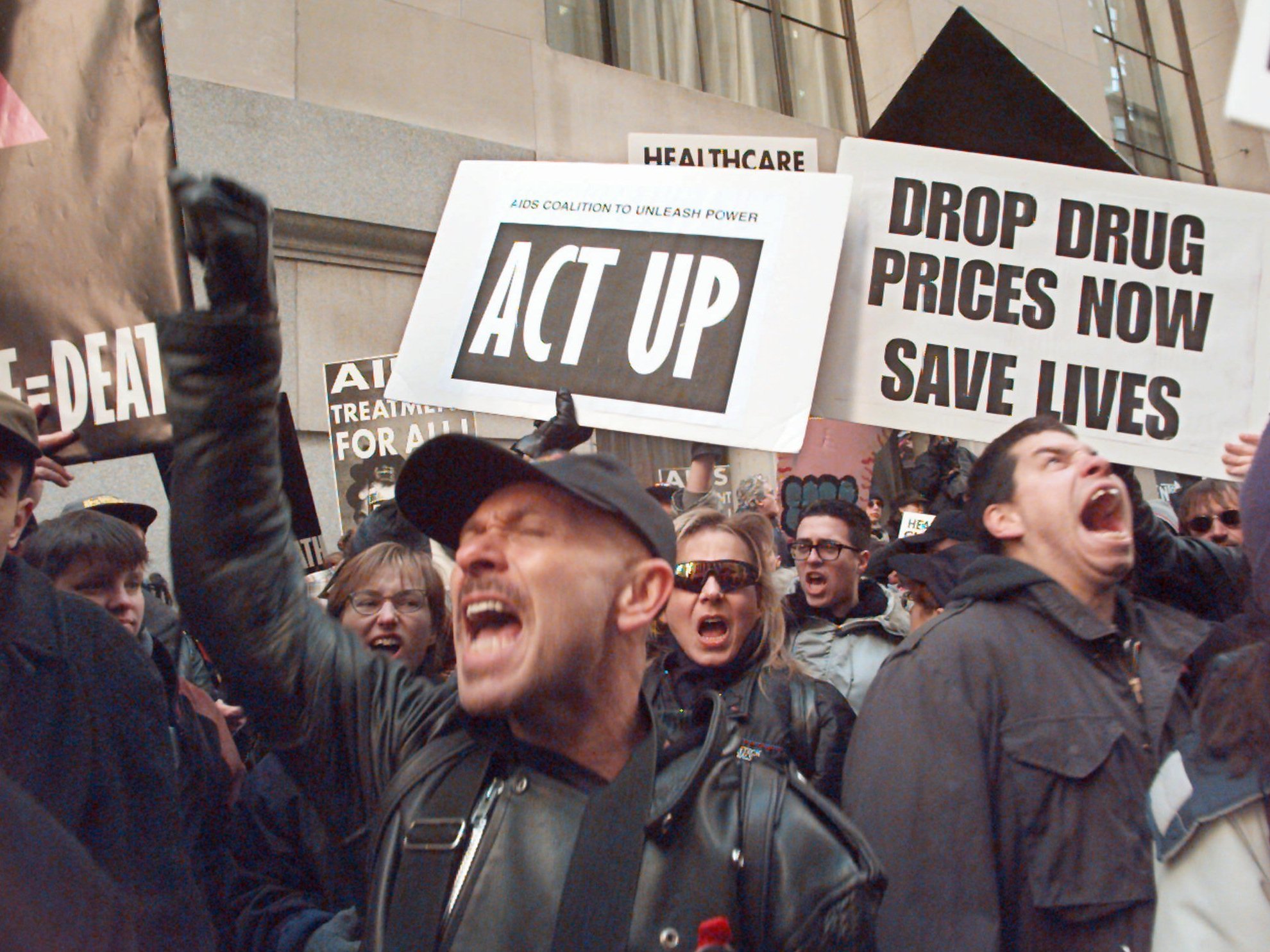 Protesters marked the 10th anniversary of the forming of ACT UP along Wall Street in New York City in 1997 by calling attention to the high price of AIDS drugs.
(Mark Lennihan/AP)