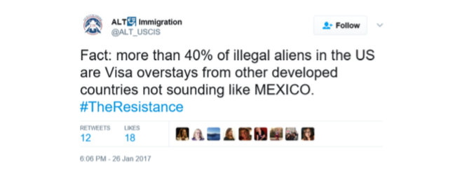 A now-deleted tweet from @ALT_USCIS was included in a complaint Twitter filed against the Department of Homeland Security. Twitter says DHS tried to unmask the user behind this account, which has &quot;expressed dissent in a range of different ways,&quot; including this early tweet that &quot;the author apparently believed cast doubt on the Administration's immigration policy.&quot; (Twitter/U.S. District Court Northern District of California)