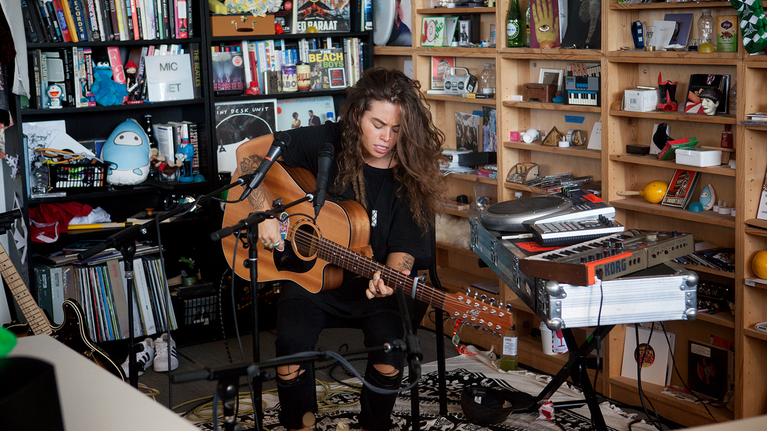 Tash Sultana performs a Tiny Desk Concert on Feb. 17, 2017. (Claire Harbage/NPR)