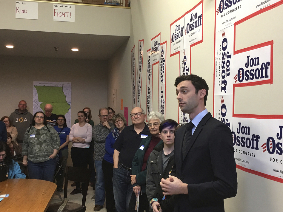 Georgia Democratic congressional candidate Jon Ossoff speaks to volunteers in his Cobb County campaign office last month. (Bill Barrow/AP)
