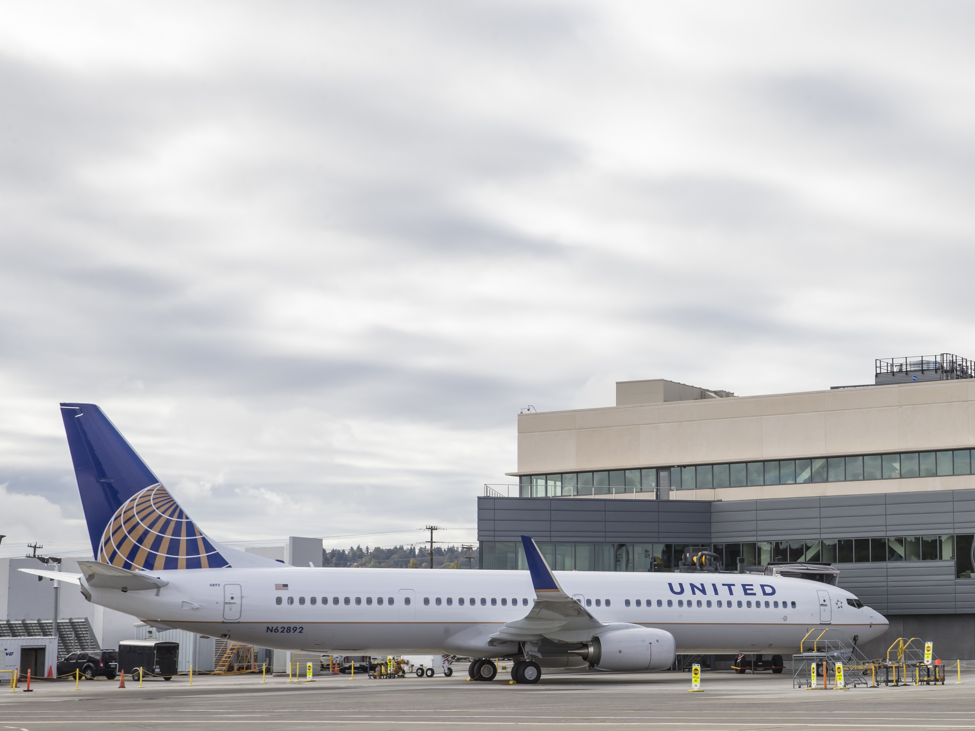 A United Airlines Boeing 737 is parked outside the Boeing 737 Delivery Center in Seattle in 2015. A passenger was forcibly removed from a flight from Chicago to Louisville, Ky., on Sunday. (Getty Images)