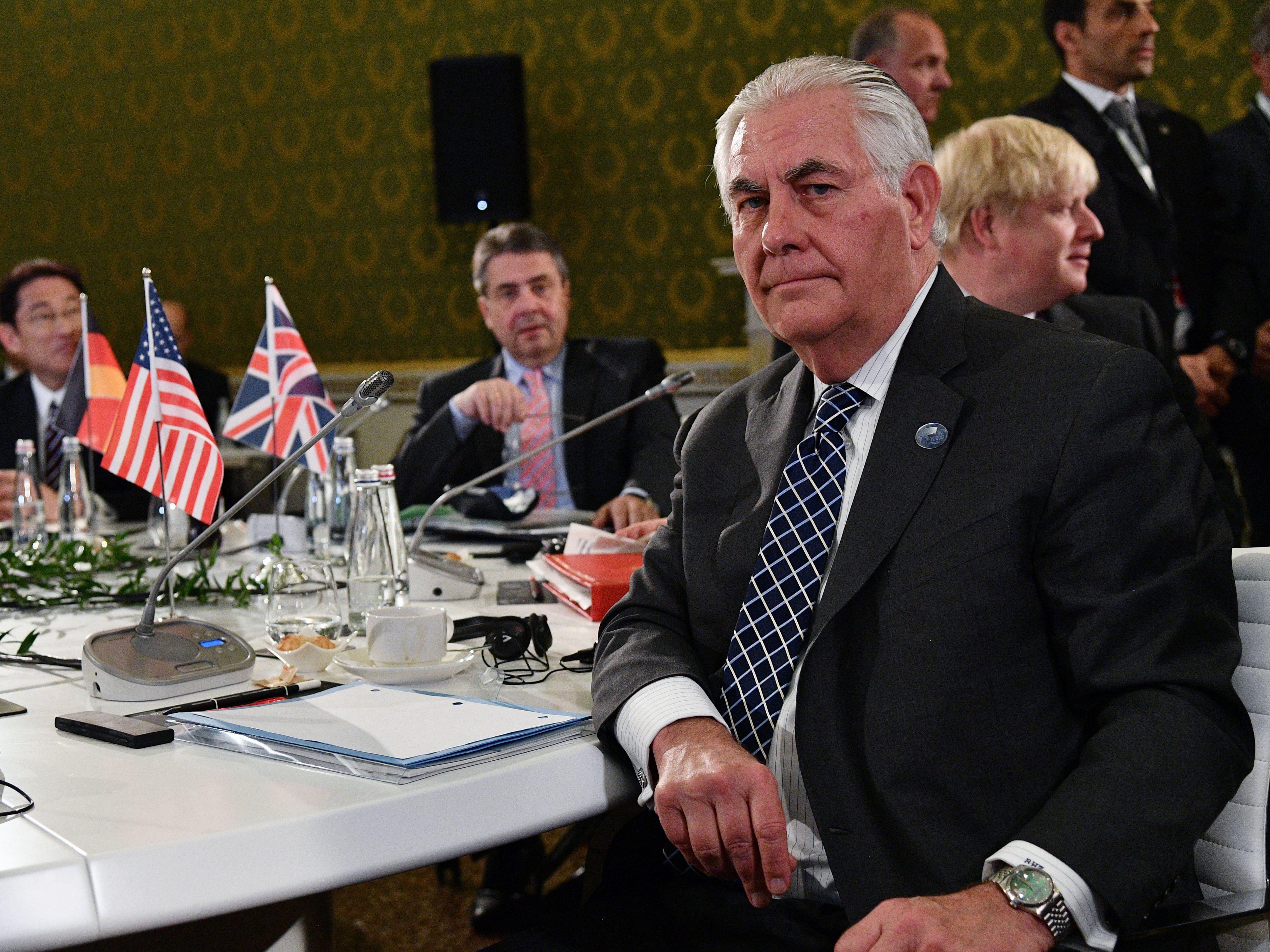 Secretary of State Rex Tillerson sits at a table surrounded by foreign ministers from G-7 countries on Tuesday, the second day of a meeting in Lucca, Italy. Tillerson headed to Moscow later that day for the start of a series of what promise to be some tough conversations. (AFP/Getty Images)