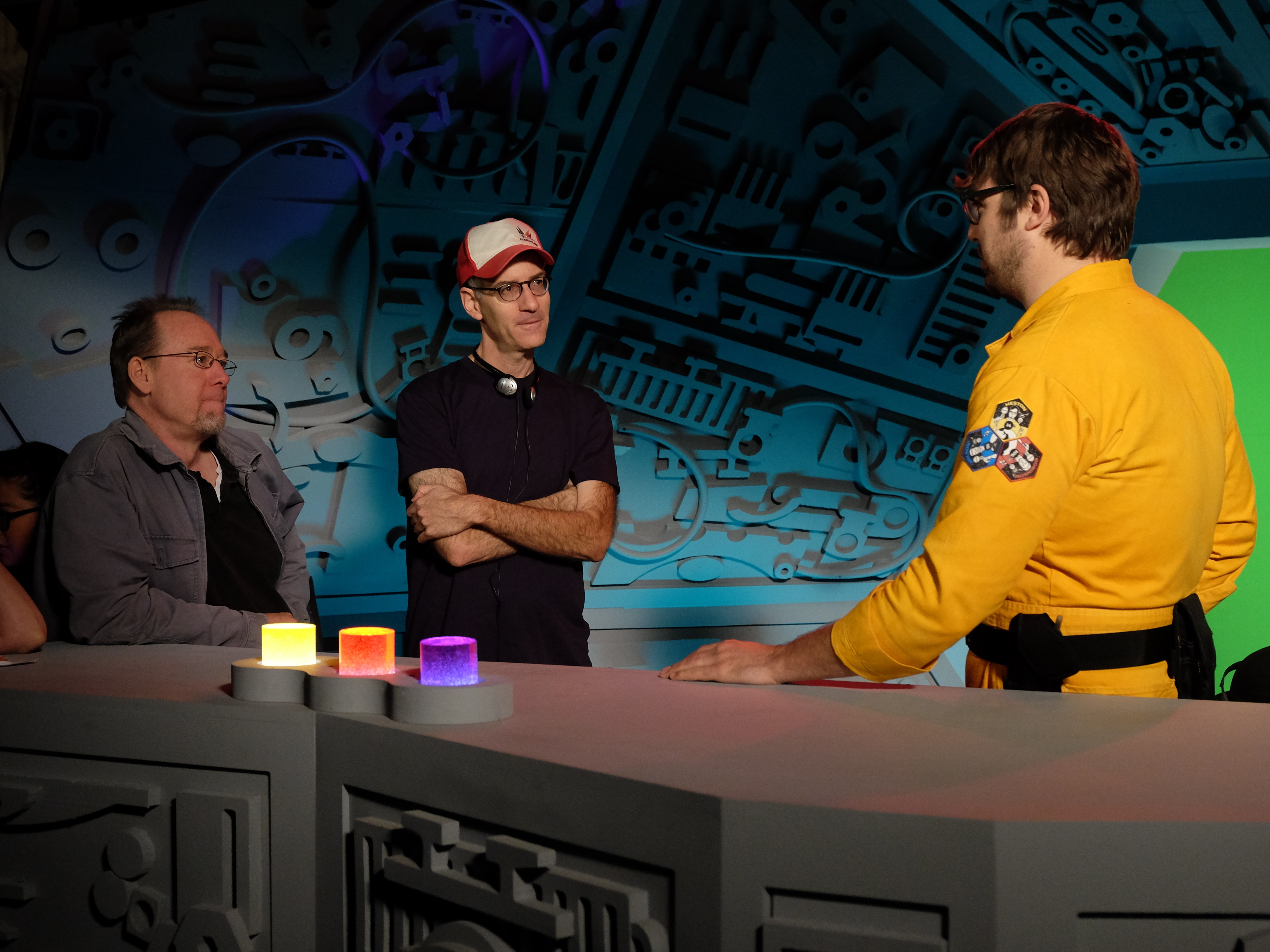 Hodgson and writer/producer Robert Cohen check in with Ray on the set of the new Mystery Science Theater 3000. (Darren Michaels/Courtesy of Shout Factory and Netflix)