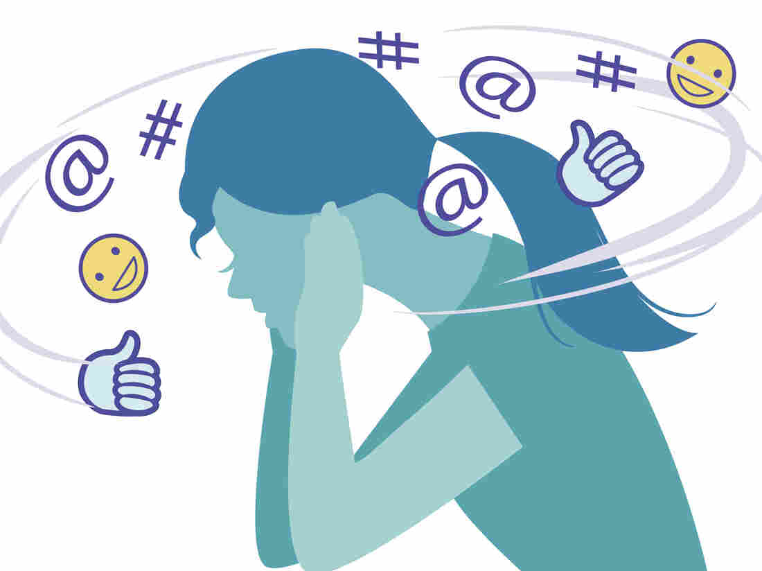 Social media symbols forming noise around woman plugging ears