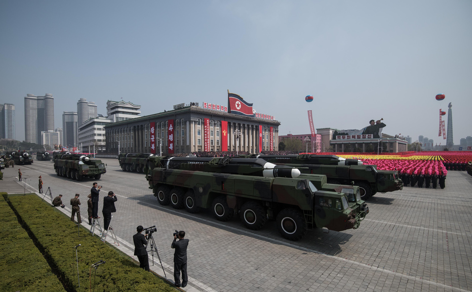 An unidentified missile is displayed during a military parade marking the 105th anniversary of the birth of late North Korean leader Kim Il-Sung in Pyongyang, the nation's capital, on Saturday. (Ed Jones/AFP/Getty Images)