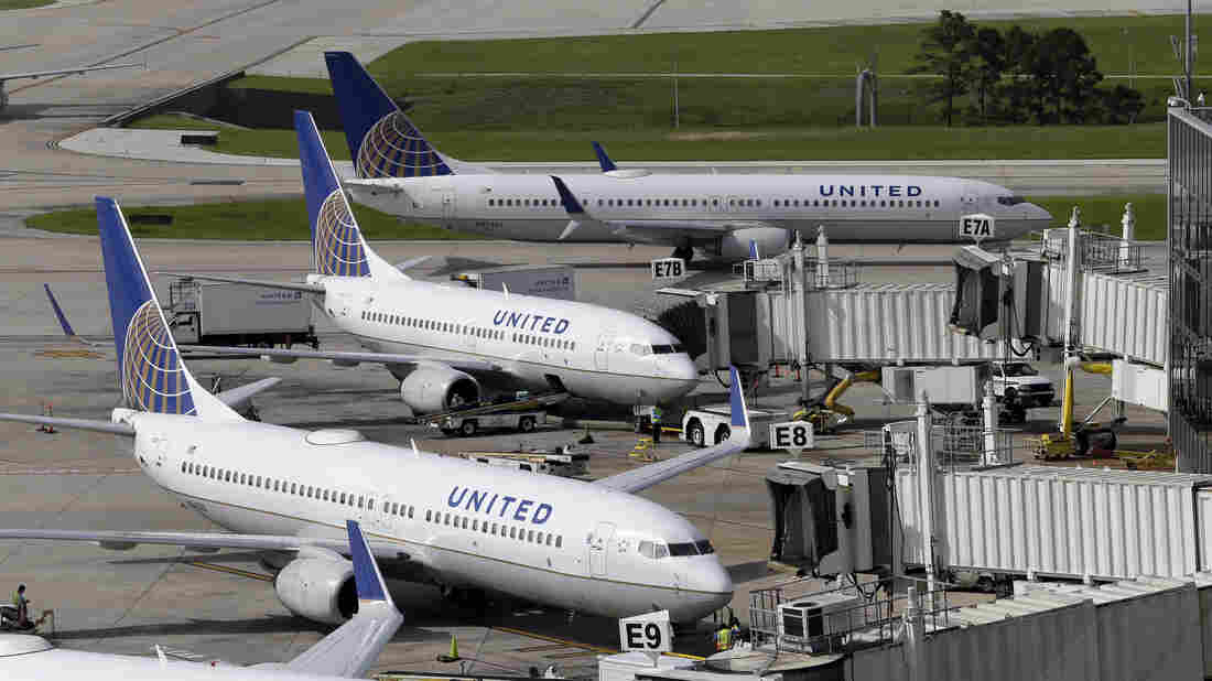 United Airlines planes are parked at their gates as another plane, taxis past them at George Bush Intercontinental Airport in Houston in 2015.