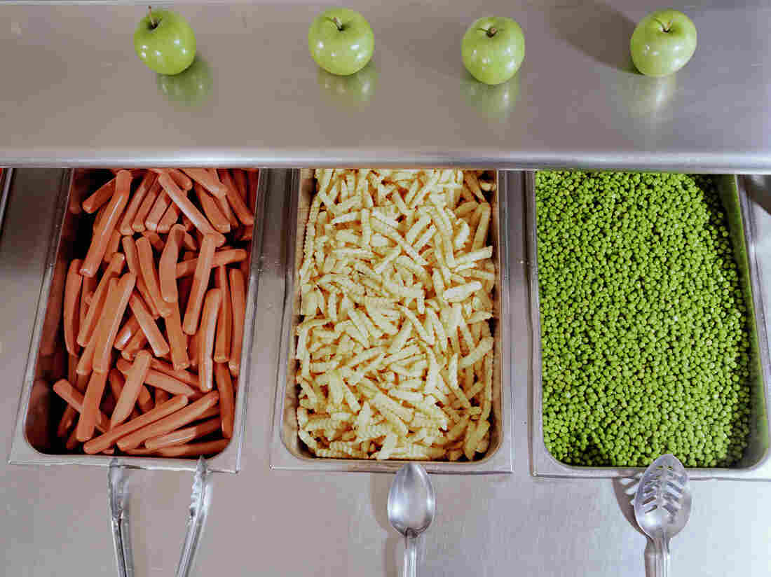 Food on hot table in cafeteria, elevated view