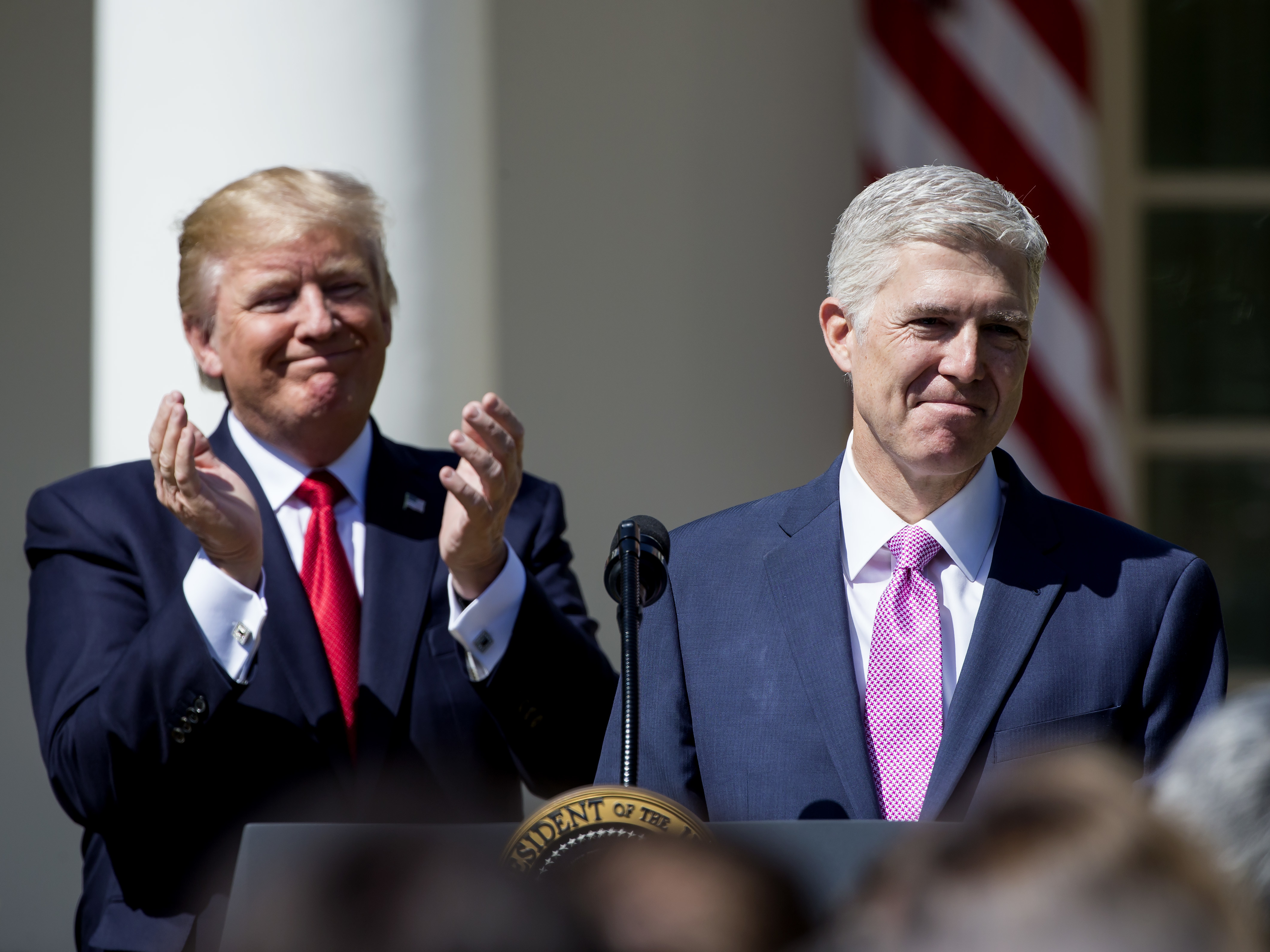 President Trump introduces Supreme Court Justice Neil Gorsuch in the Rose Garden after Gorsuch's swearing-in on April 10. (Getty Images)